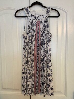 Three Hearts White Midi Dress with Navy Floral Print and Pink Trim